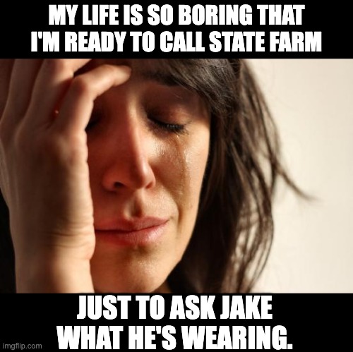 Boring | MY LIFE IS SO BORING THAT I'M READY TO CALL STATE FARM; JUST TO ASK JAKE WHAT HE'S WEARING. | image tagged in memes,first world problems | made w/ Imgflip meme maker