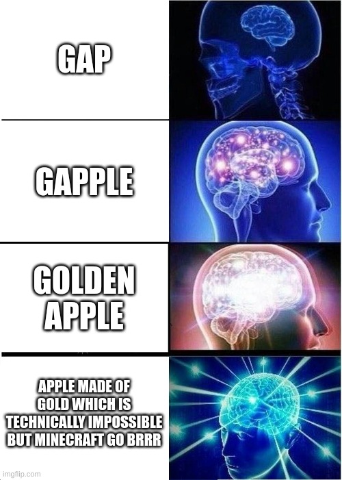 minecraft mem | GAP; GAPPLE; GOLDEN APPLE; APPLE MADE OF GOLD WHICH IS TECHNICALLY IMPOSSIBLE BUT MINECRAFT GO BRRR | image tagged in memes,expanding brain | made w/ Imgflip meme maker