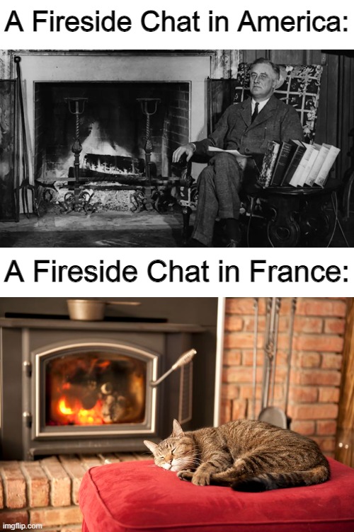 Cat chat | A Fireside Chat in America:; A Fireside Chat in France: | image tagged in memes,historical meme,french,fdr,cats,puns | made w/ Imgflip meme maker