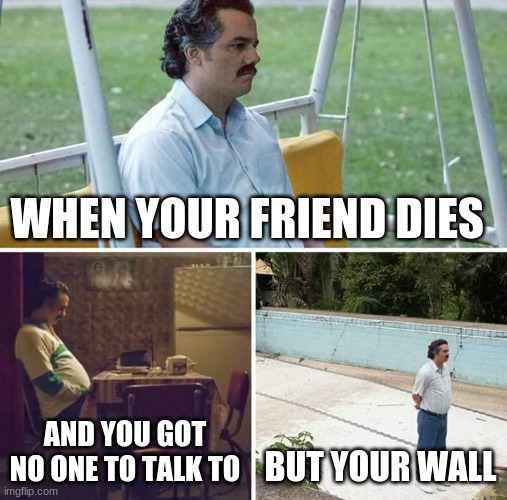 Sad Pablo Escobar Meme | WHEN YOUR FRIEND DIES; AND YOU GOT NO ONE TO TALK TO; BUT YOUR WALL | image tagged in memes,sad pablo escobar | made w/ Imgflip meme maker