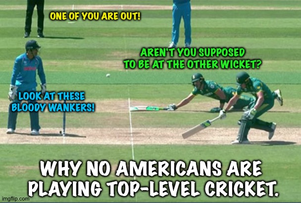 Cricket | ONE OF YOU ARE OUT! AREN'T YOU SUPPOSED TO BE AT THE OTHER WICKET? LOOK AT THESE 
BLOODY WANKERS! WHY NO AMERICANS ARE 
PLAYING TOP-LEVEL CRICKET. | image tagged in cricket | made w/ Imgflip meme maker