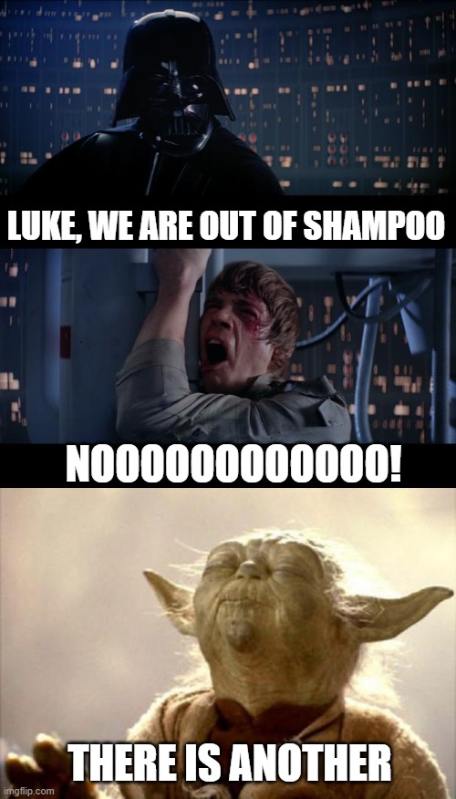 Always good to have a backup. |  LUKE, WE ARE OUT OF SHAMPOO; NOOOOOOOOOOOO! THERE IS ANOTHER | image tagged in star wars no,yoda smell,shampoo,funny memes,puppies and kittens | made w/ Imgflip meme maker