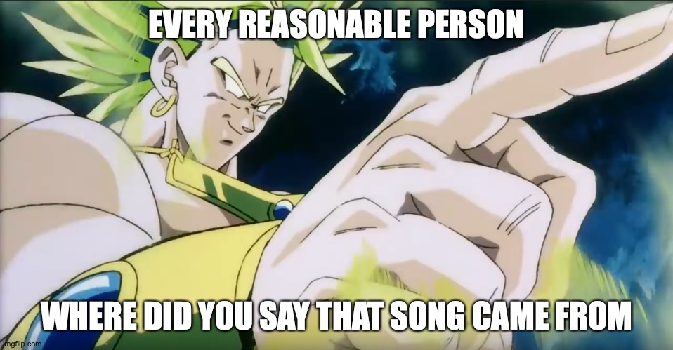 Broly Points | EVERY REASONABLE PERSON; WHERE DID YOU SAY THAT SONG CAME FROM | image tagged in broly points | made w/ Imgflip meme maker