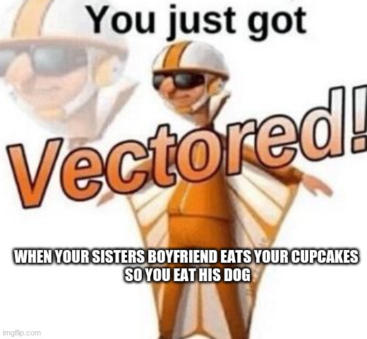 wow its vector | WHEN YOUR SISTERS BOYFRIEND EATS YOUR CUPCAKES 
SO YOU EAT HIS DOG | image tagged in you just got vectored | made w/ Imgflip meme maker