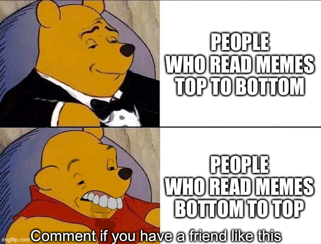 I hate people who do this | PEOPLE WHO READ MEMES TOP TO BOTTOM; PEOPLE WHO READ MEMES BOTTOM TO TOP; Comment if you have a friend like this | image tagged in tuxedo winnie the pooh grossed reverse,tuxedo winnie the pooh,memes,funny,so true memes | made w/ Imgflip meme maker