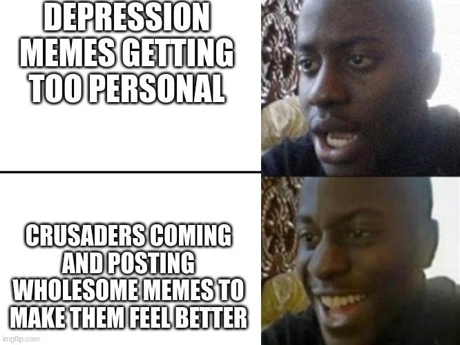 thx guys | DEPRESSION MEMES GETTING TOO PERSONAL; CRUSADERS COMING AND POSTING WHOLESOME MEMES TO MAKE THEM FEEL BETTER | image tagged in reversed disappointed black man | made w/ Imgflip meme maker