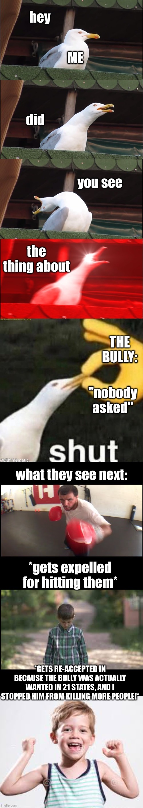 long and slightly cringey meme |  hey; ME; did; you see; the thing about; THE BULLY:; "nobody asked"; what they see next:; *gets expelled for hitting them*; *GETS RE-ACCEPTED IN BECAUSE THE BULLY WAS ACTUALLY WANTED IN 21 STATES, AND I STOPPED HIM FROM KILLING MORE PEOPLE!* | image tagged in seagull,long meme,bully,triumph | made w/ Imgflip meme maker