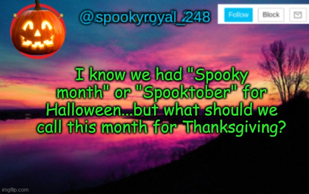 Hmmm... | I know we had "Spooky month" or "Spooktober" for Halloween...but what should we call this month for Thanksgiving? | image tagged in spookroyal's temp,hard to say,hmmm,thanksgiving,november | made w/ Imgflip meme maker