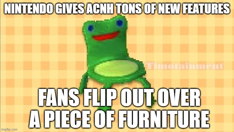 Who cares? FROGGY CHAIR | NINTENDO GIVES ACNH TONS OF NEW FEATURES; FANS FLIP OUT OVER A PIECE OF FURNITURE | image tagged in froggy chair,animal crossing,nintendo switch | made w/ Imgflip meme maker