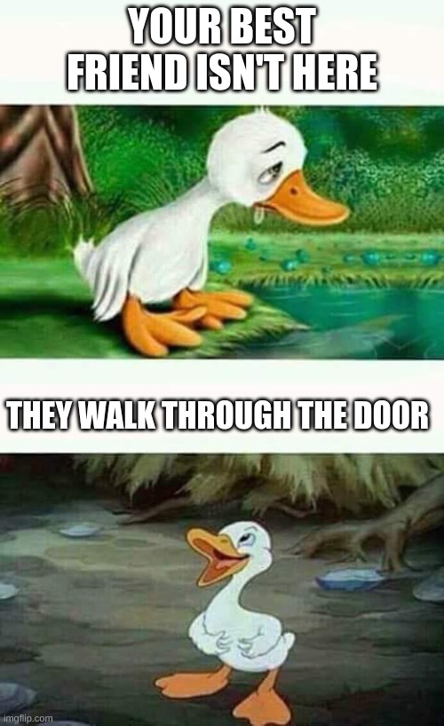 Sad Happy Duck | YOUR BEST FRIEND ISN'T HERE; THEY WALK THROUGH THE DOOR | image tagged in sad happy duck | made w/ Imgflip meme maker