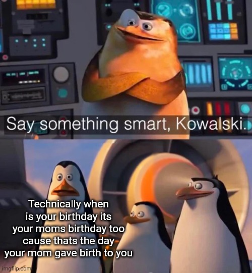 Mind size mega | Technically when is your birthday its your moms birthday too cause thats the day your mom gave birth to you | image tagged in say something smart kowalski | made w/ Imgflip meme maker