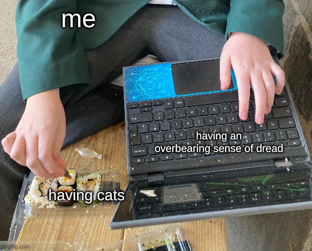 me; having an overbearing sense of dread; having cats | image tagged in cats,funny meme | made w/ Imgflip meme maker