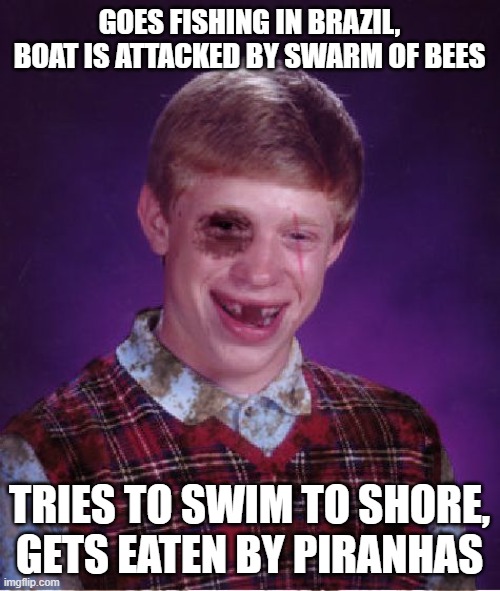 True story | GOES FISHING IN BRAZIL, BOAT IS ATTACKED BY SWARM OF BEES; TRIES TO SWIM TO SHORE, GETS EATEN BY PIRANHAS | image tagged in beat-up bad luck brian | made w/ Imgflip meme maker