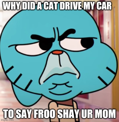 Ur mom | WHY DID A CAT DRIVE MY CAR; TO SAY FROO SHAY UR MOM | image tagged in gumball wtf | made w/ Imgflip meme maker