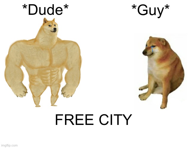 Buff Doge vs. Cheems Meme | *Dude*; *Guy*; FREE CITY | image tagged in memes,buff doge vs cheems | made w/ Imgflip meme maker