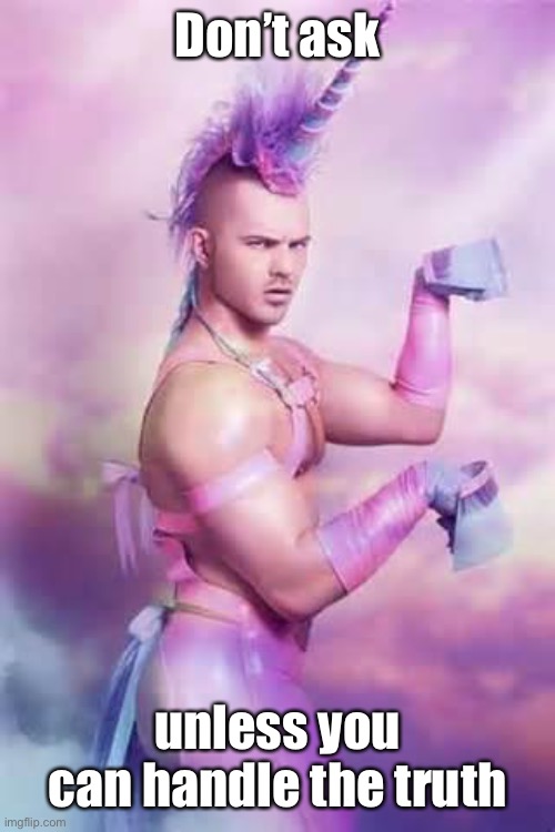 Gay Unicorn | Don’t ask unless you can handle the truth | image tagged in gay unicorn | made w/ Imgflip meme maker