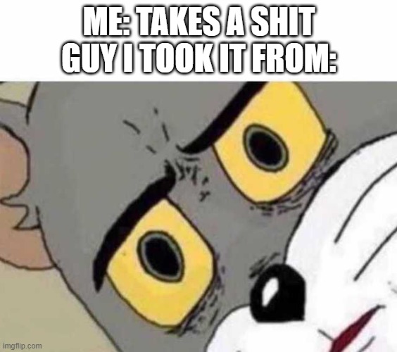 Image Title | ME: TAKES A SHIT
GUY I TOOK IT FROM: | image tagged in tom cat unsettled close up | made w/ Imgflip meme maker
