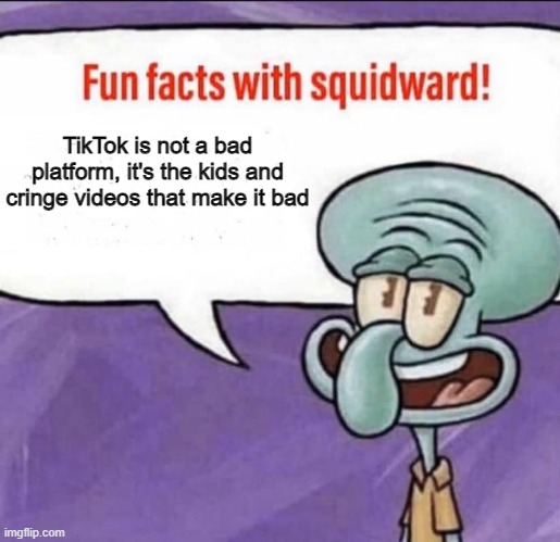 Fun Facts with Squidward |  TikTok is not a bad platform, it's the kids and cringe videos that make it bad | image tagged in fun facts with squidward,memes,tiktok,tiktok sucks | made w/ Imgflip meme maker