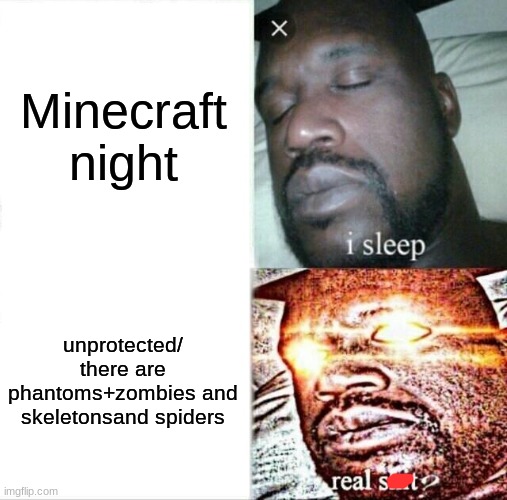 Sleeping Shaq Meme | Minecraft night; unprotected/ there are phantoms+zombies and skeletons and spiders | image tagged in memes,sleeping shaq | made w/ Imgflip meme maker