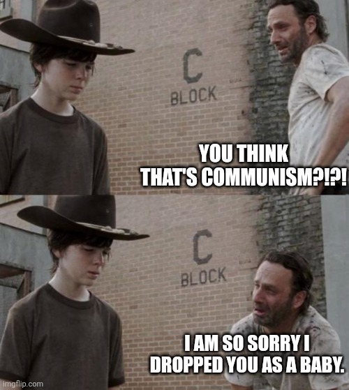 Rick and Carl Meme | YOU THINK THAT'S COMMUNISM?!?! I AM SO SORRY I DROPPED YOU AS A BABY. | image tagged in memes,rick and carl | made w/ Imgflip meme maker