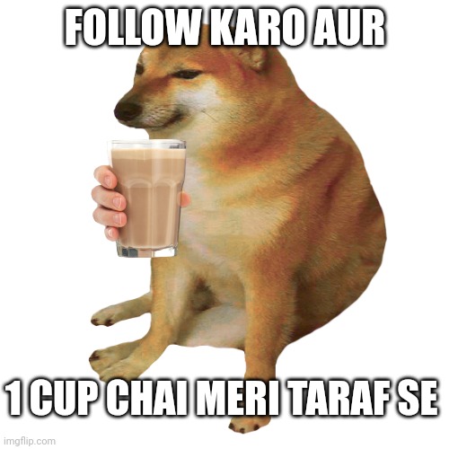 cheems | FOLLOW KARO AUR; 1 CUP CHAI MERI TARAF SE | image tagged in cheems | made w/ Imgflip meme maker