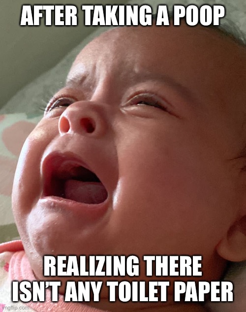 Baby cry | AFTER TAKING A POOP; REALIZING THERE ISN’T ANY TOILET PAPER | image tagged in crying,funny,baby,angry baby | made w/ Imgflip meme maker
