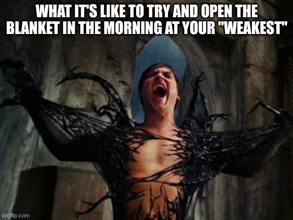spider man ripping off symbiote | WHAT IT'S LIKE TO TRY AND OPEN THE BLANKET IN THE MORNING AT YOUR "WEAKEST" | image tagged in spider man ripping off symbiote | made w/ Imgflip meme maker