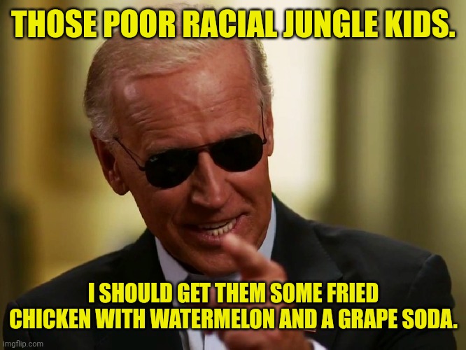 Cool Joe Biden | THOSE POOR RACIAL JUNGLE KIDS. I SHOULD GET THEM SOME FRIED CHICKEN WITH WATERMELON AND A GRAPE SODA. | image tagged in cool joe biden | made w/ Imgflip meme maker