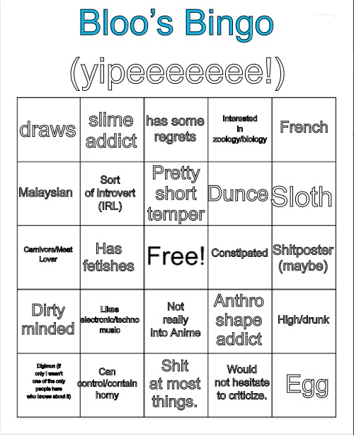 Finally it’s complete. | (yipeeeeeee!); Bloo’s Bingo; has some regrets; slime addict; French; draws; Interested in zoology/biology; Pretty short temper; Malaysian; Sloth; Dunce; Sort of introvert (IRL); Constipated; Carnivore/Meat Lover; Shitposter (maybe); Has fetishes; Dirty minded; Likes electronic/techno music; High/drunk; Anthro shape addict; Not really into Anime; Can control/contain horny; Egg; Digimon (if only I wasn’t one of the only people here who knows about it); Shit at most things. Would not hesitate to criticize. | image tagged in blank bingo | made w/ Imgflip meme maker