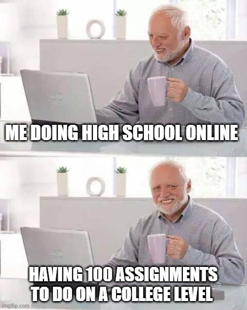 Hide the Pain Harold | ME DOING HIGH SCHOOL ONLINE; HAVING 100 ASSIGNMENTS TO DO ON A COLLEGE LEVEL | image tagged in memes,hide the pain harold | made w/ Imgflip meme maker