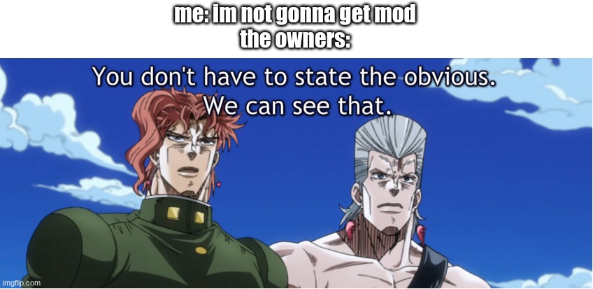 that'd be funny and quirky xdxdxd | me: im not gonna get mod
the owners: | image tagged in jojo you don't have to state the obvious | made w/ Imgflip meme maker