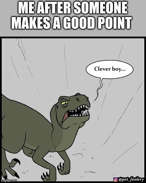 clever boy | ME AFTER SOMEONE MAKES A GOOD POINT | image tagged in clever boy | made w/ Imgflip meme maker