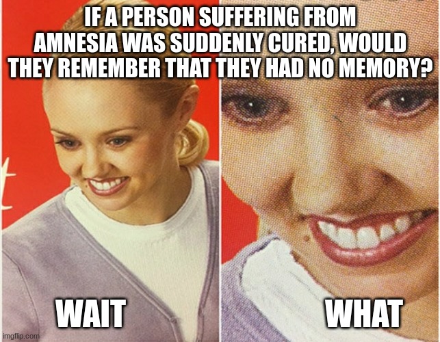 Amnesia | IF A PERSON SUFFERING FROM AMNESIA WAS SUDDENLY CURED, WOULD THEY REMEMBER THAT THEY HAD NO MEMORY? WAIT                                 WHAT | image tagged in wait what | made w/ Imgflip meme maker