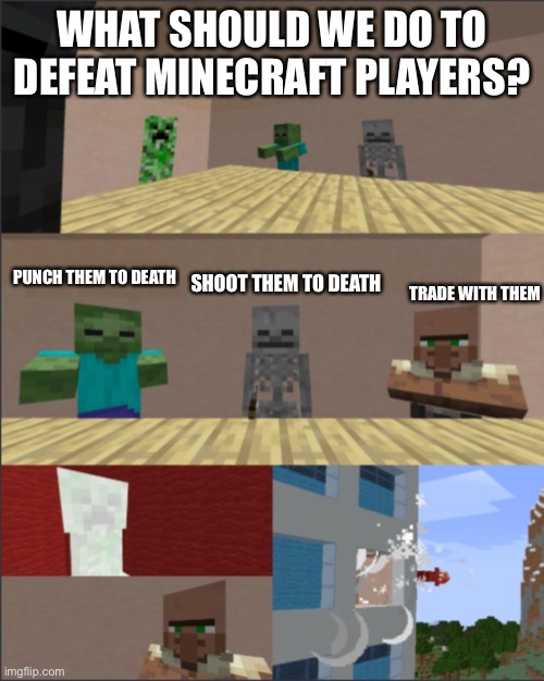 … | WHAT SHOULD WE DO TO DEFEAT MINECRAFT PLAYERS? TRADE WITH THEM; PUNCH THEM TO DEATH; SHOOT THEM TO DEATH | image tagged in minecraft boardroom meeting | made w/ Imgflip meme maker