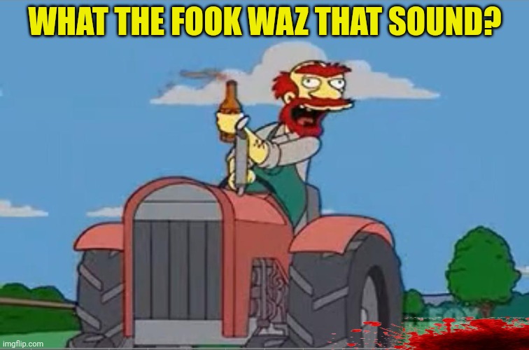 Finally tractor down | WHAT THE FOOK WAZ THAT SOUND? | image tagged in willie tractor pool,tractor,willie,simpsons,oops | made w/ Imgflip meme maker