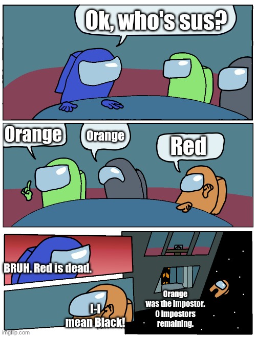 Orange Sus | Ok, who's sus? Orange; Orange; Red; BRUH. Red is dead. Orange was the impostor. 0 impostors remaining. I-I mean Black! | image tagged in among us meeting | made w/ Imgflip meme maker