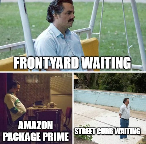 patience | FRONTYARD WAITING; AMAZON PACKAGE PRIME; STREET CURB WAITING | image tagged in memes,sad pablo escobar | made w/ Imgflip meme maker