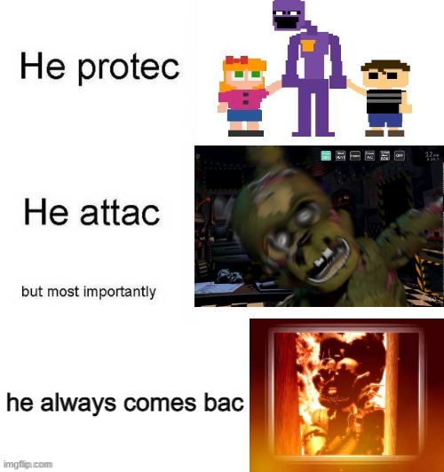 image tagged in springtrap,william afton,burning,he protec he attac but most importantly | made w/ Imgflip meme maker