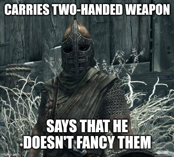SkyrimGuard | CARRIES TWO-HANDED WEAPON; SAYS THAT HE DOESN'T FANCY THEM | image tagged in skyrimguard | made w/ Imgflip meme maker