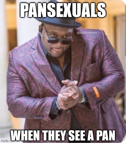 It's like that, bons... | PANSEXUALS; WHEN THEY SEE A PAN | image tagged in guy in suit rubbing hands,pansexuals,alphabet soup,alphabet community,sexuality,jokes are funny | made w/ Imgflip meme maker