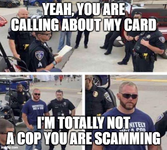 Me when I get a call from my bank: | YEAH, YOU ARE CALLING ABOUT MY CARD; I'M TOTALLY NOT A COP YOU ARE SCAMMING | image tagged in undercover cop | made w/ Imgflip meme maker