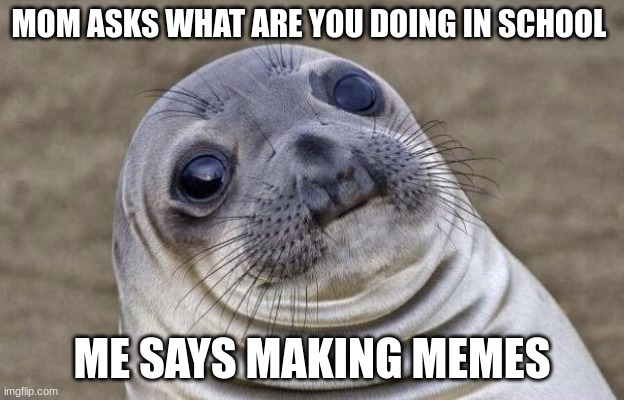 Awkward Moment Sealion | MOM ASKS WHAT ARE YOU DOING IN SCHOOL; ME SAYS MAKING MEMES | image tagged in memes,awkward moment sealion | made w/ Imgflip meme maker