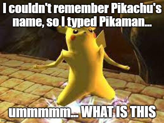 I heave regrets... (Btw, I needed a Pikachu plush for my friends upcoming b-day) | I couldn't remember Pikachu's name, so I typed Pikaman... ummmmm... WHAT IS THIS | image tagged in why,regrets | made w/ Imgflip meme maker