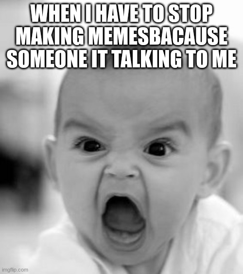 Angry Baby | WHEN I HAVE TO STOP MAKING MEMESBACAUSE SOMEONE IT TALKING TO ME | image tagged in memes,angry baby | made w/ Imgflip meme maker