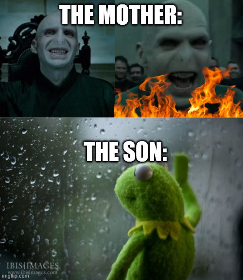 THE MOTHER: THE SON: | image tagged in satanic voldemort,kermit window | made w/ Imgflip meme maker