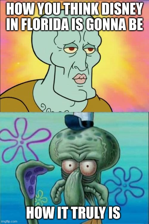 ANYONE WHO'S BEEN TO FLORIDA??? | HOW YOU THINK DISNEY IN FLORIDA IS GONNA BE; HOW IT TRULY IS | image tagged in memes,squidward | made w/ Imgflip meme maker