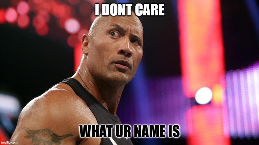 rock | I DONT CARE; WHAT UR NAME IS | image tagged in the rock eyebrow wtf face | made w/ Imgflip meme maker