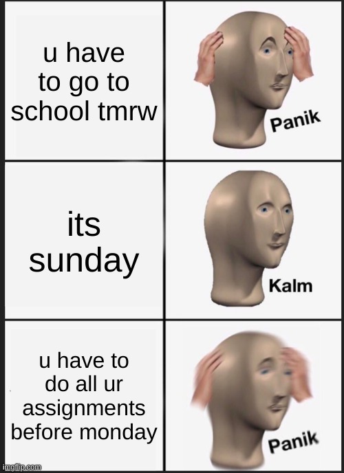 that moment when u remember u have homework | u have to go to school tmrw; its sunday; u have to do all ur assignments before monday | image tagged in memes,panik kalm panik | made w/ Imgflip meme maker