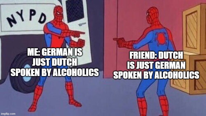 spiderman pointing at spiderman | ME: GERMAN IS JUST DUTCH SPOKEN BY ALCOHOLICS; FRIEND: DUTCH IS JUST GERMAN SPOKEN BY ALCOHOLICS | image tagged in spiderman pointing at spiderman | made w/ Imgflip meme maker