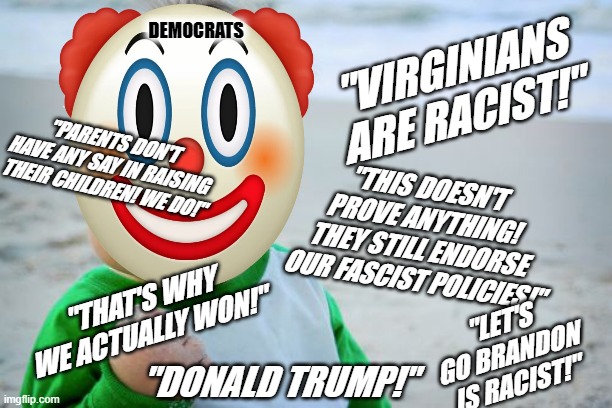 Fake Success Mentally Deranged Democrats | DEMOCRATS; "VIRGINIANS ARE RACIST!"; "PARENTS DON'T HAVE ANY SAY IN RAISING THEIR CHILDREN! WE DO!"; "THIS DOESN'T PROVE ANYTHING! THEY STILL ENDORSE OUR FASCIST POLICIES!"; "THAT'S WHY WE ACTUALLY WON!"; "LET'S GO BRANDON IS RACIST!"; "DONALD TRUMP!" | image tagged in memes,success kid original | made w/ Imgflip meme maker